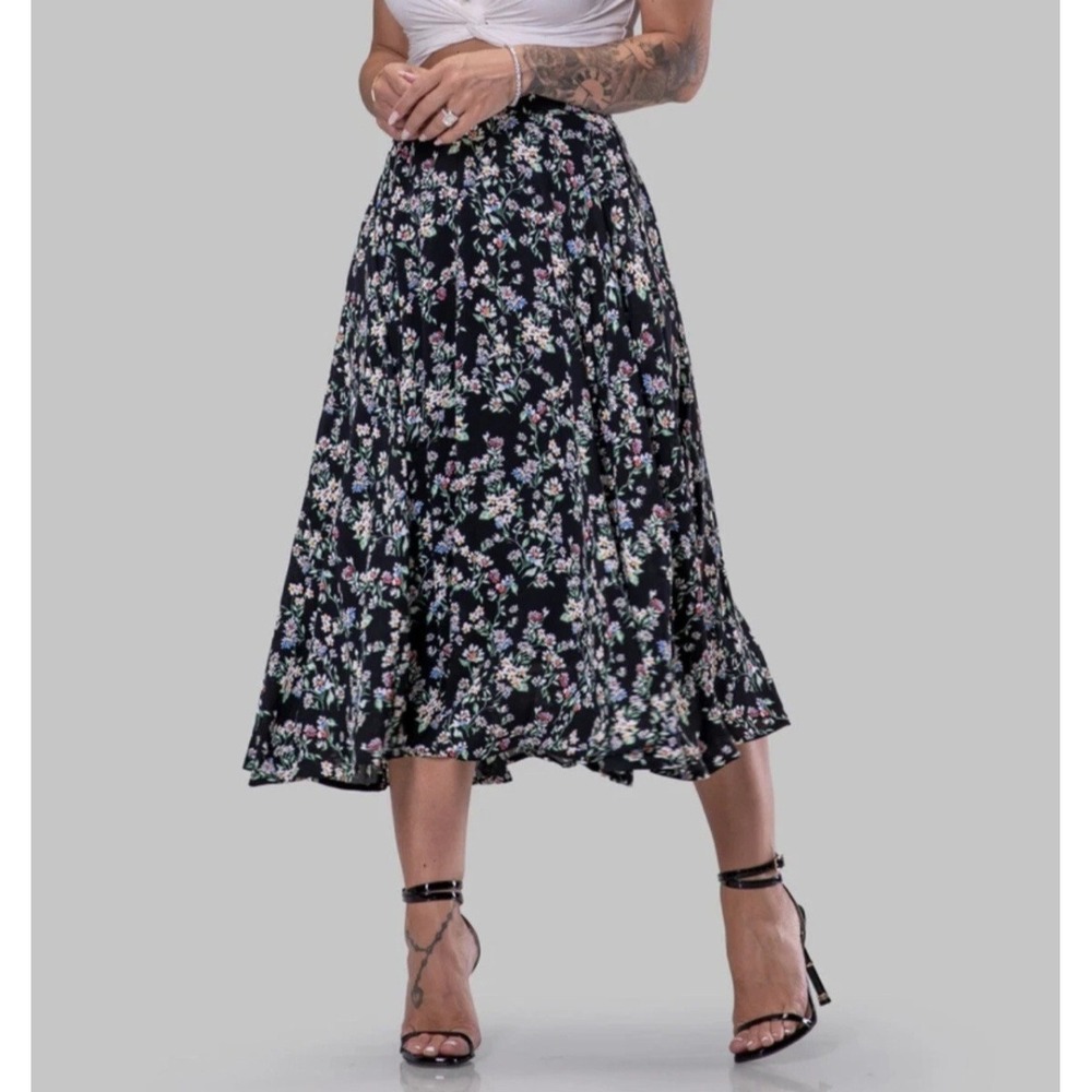 BY EGREIS Martha Floral Midi Skirt‎ Black Multi Color Women's Size M